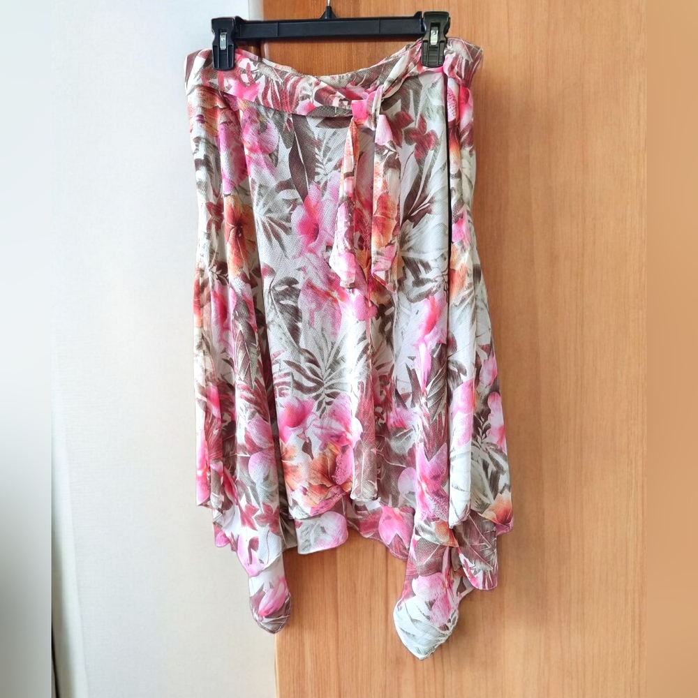 Mantles Floral Pink and Brown Asymetrical Layered Flowy Women's Skirt